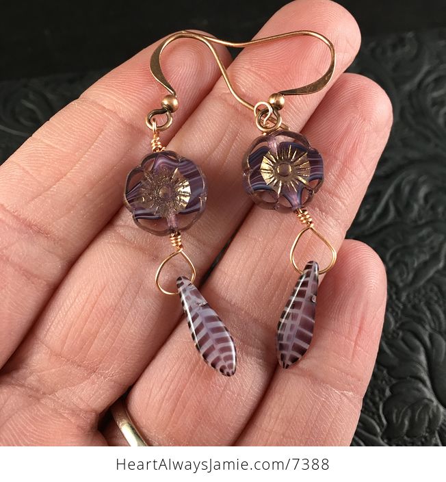 Semi Transparent Bronze and Purple Striped Glass Hawaiian Flower and Purple Striped Dagger Earrings with Copper Wire - #maOP3RenRxs-1
