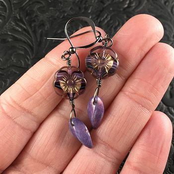 Semi Transparent Bronze and Purple Striped Glass Hawaiian Flower and Purple Twist Bead Earrings with Hematite Black Wire #HELVHZnuNFc
