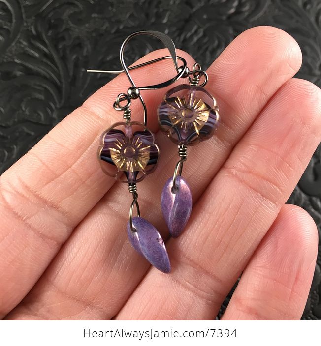 Semi Transparent Bronze and Purple Striped Glass Hawaiian Flower and Purple Twist Bead Earrings with Hematite Black Wire - #HELVHZnuNFc-1