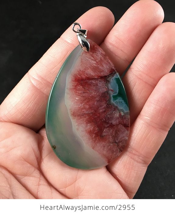 Semi Transparent Green and Red Druzy Agate Stone Pendant Necklace - #ZjB1wAuDmko-2