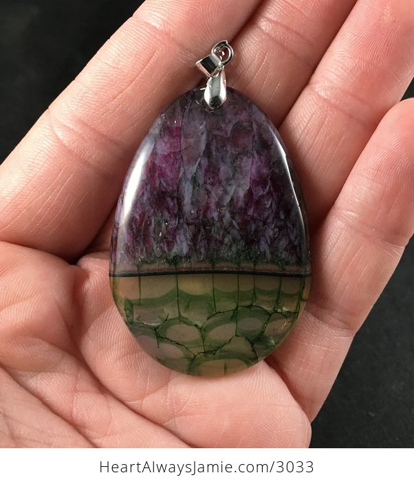 Semi Transparent Green Dragon Veins and Purple Druzy Agate Stone Pendant - #zKzuIDN5qbo-1