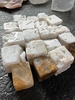 Set of White Druzy Chalcedony and Golden Healer Quartz Cubes #dOaD6KMTMYY