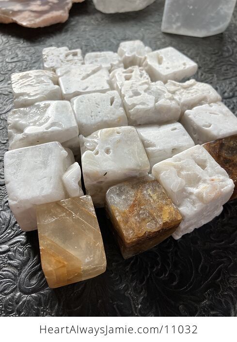 Set of White Druzy Chalcedony and Golden Healer Quartz Cubes - #dOaD6KMTMYY-1