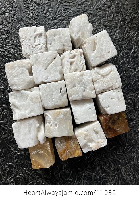 Set of White Druzy Chalcedony and Golden Healer Quartz Cubes - #dOaD6KMTMYY-2