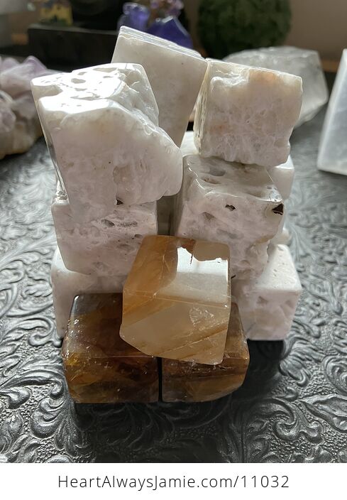 Set of White Druzy Chalcedony and Golden Healer Quartz Cubes - #dOaD6KMTMYY-6