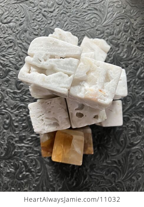Set of White Druzy Chalcedony and Golden Healer Quartz Cubes - #dOaD6KMTMYY-3