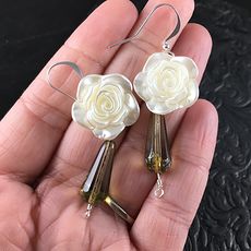 Shimmery White Rose and Glass Drop Earrings with Silver Wire #aCeUvni7SD4