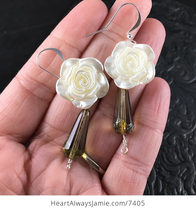Shimmery White Rose and Glass Drop Earrings with Silver Wire - #aCeUvni7SD4-1