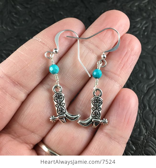 Silver Cowgirl Cowboy Boot and Turquoise Earrings - #BgowkeXP3AQ-1