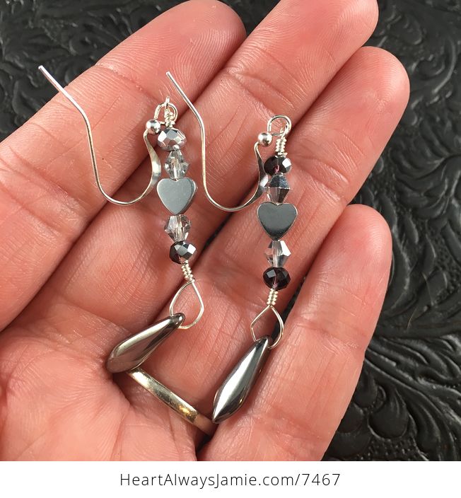 Silver Hematite Heart and Bead Earrings - #MFWUnyfa9W8-1