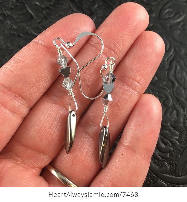Silver Hematite Heart and Bead Earrings - #UqeUmxFvFnM-1