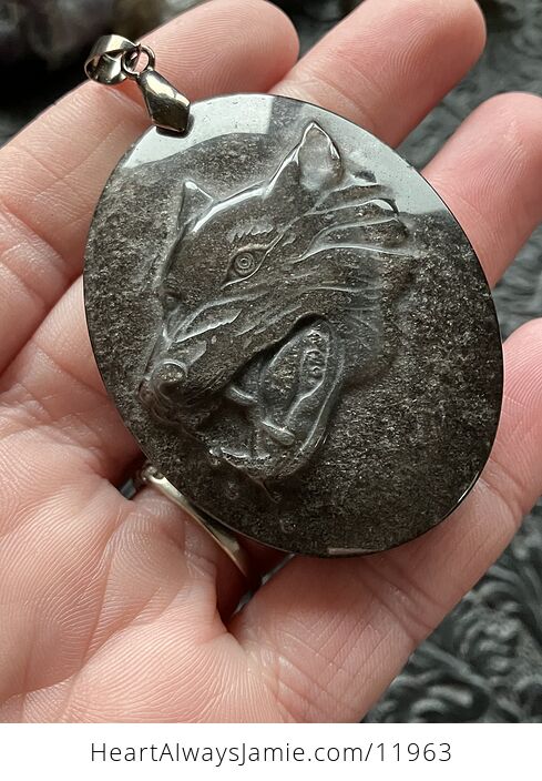 Silver Sheen Obsidian Wolf Crystal Stone Jewelry Pendant - #IxYl2AkpIFc-9