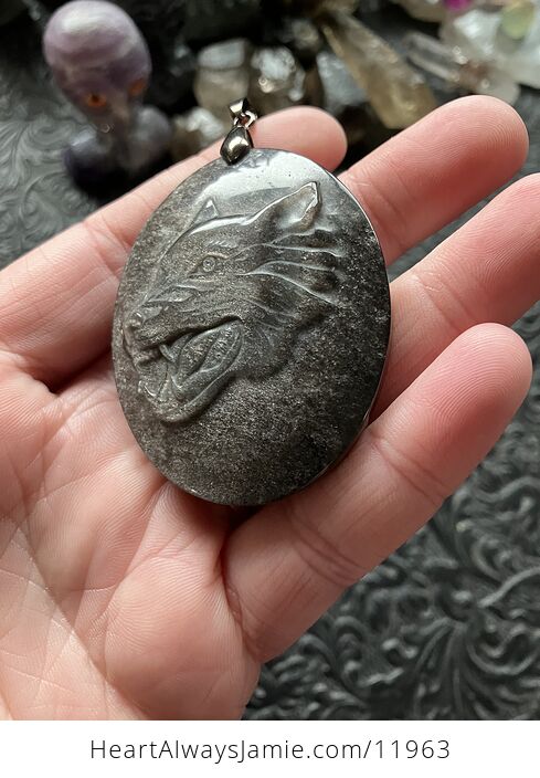 Silver Sheen Obsidian Wolf Crystal Stone Jewelry Pendant - #IxYl2AkpIFc-5