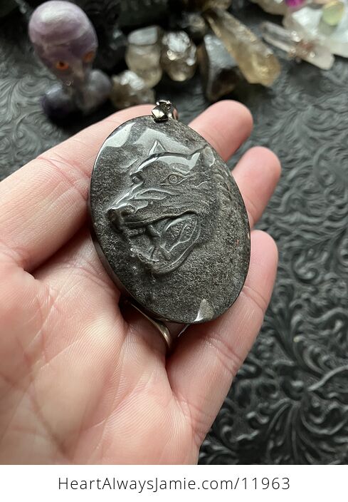 Silver Sheen Obsidian Wolf Crystal Stone Jewelry Pendant - #IxYl2AkpIFc-6