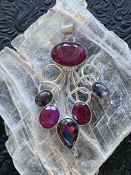Simulated Ruby Labradorite and Colorful Topaz Gemstone Crystal Jewelry Swirl Pendant #VMlYNqlJeVI