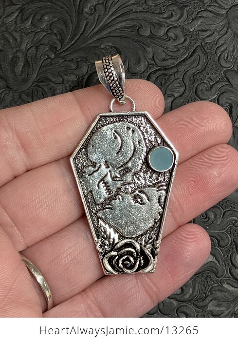 Skull and Woman Kissing Pendant with a Faceted Blue Chalcedony Gem Stone Crystal Jewelry - #5efaMFRlplc-2