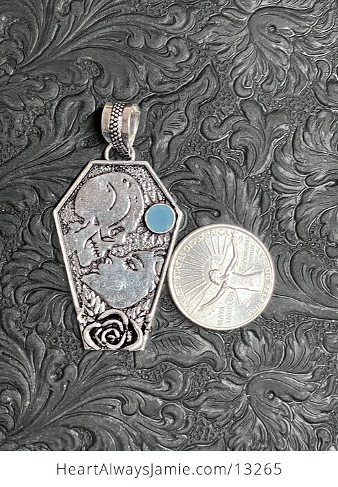 Skull and Woman Kissing Pendant with a Faceted Blue Chalcedony Gem Stone Crystal Jewelry - #5efaMFRlplc-6