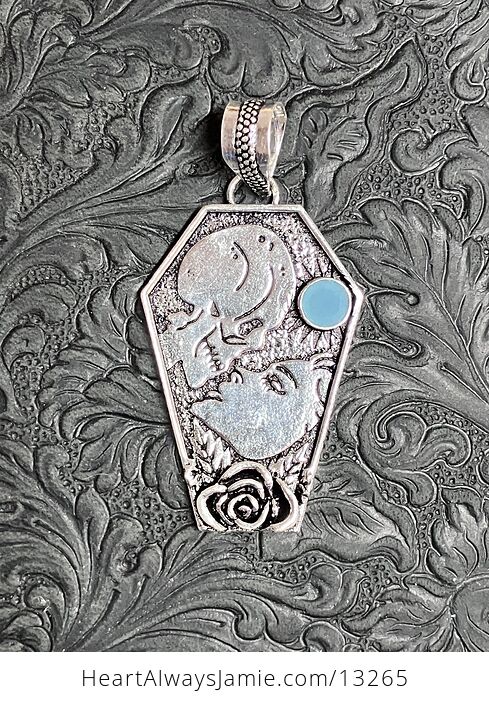 Skull and Woman Kissing Pendant with a Faceted Blue Chalcedony Gem Stone Crystal Jewelry - #5efaMFRlplc-5