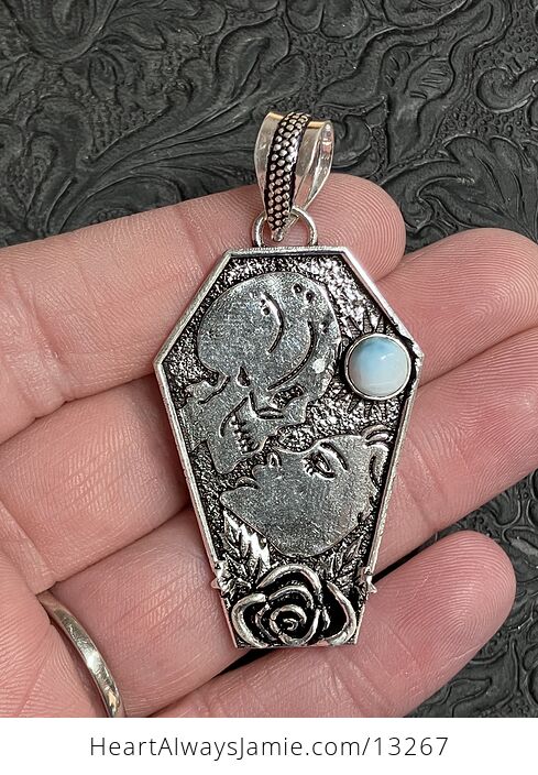 Skull and Woman Kissing Pendant with a Larimar Gem Stone Crystal Jewelry - #nPjuzDtzi1Y-2