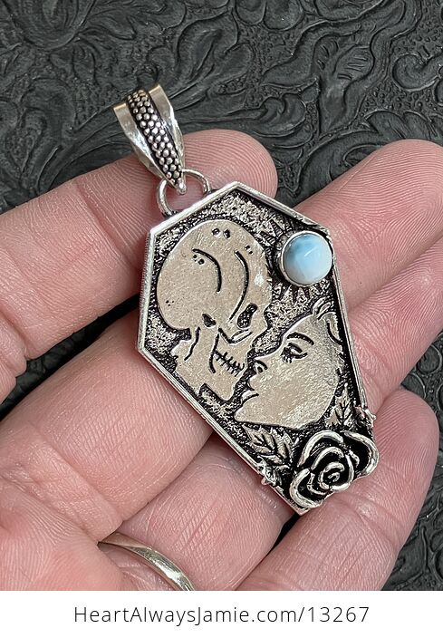 Skull and Woman Kissing Pendant with a Larimar Gem Stone Crystal Jewelry - #nPjuzDtzi1Y-1