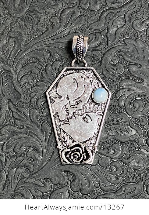 Skull and Woman Kissing Pendant with a Larimar Gem Stone Crystal Jewelry - #nPjuzDtzi1Y-5