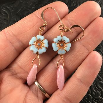 Sky Blue and Bronze Glass Hawaiian Flower and Pink Dagger Earrings with Copper Wire #j5cgIWUUh7U