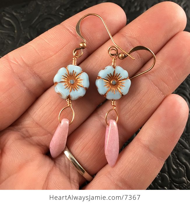 Sky Blue and Bronze Glass Hawaiian Flower and Pink Dagger Earrings with Copper Wire - #j5cgIWUUh7U-1