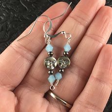Smiling Moon Face and Pastel Blue Bicone and Hematite Black Bead Earrings #aY5A9STrHKA