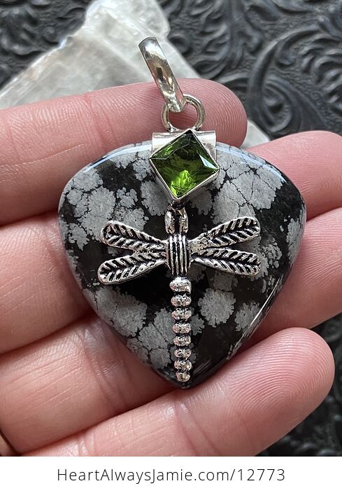 Snowflake Obsidian Dragonfly Peridot Stone Jewelry Crystal Pendant - #ES6DDQpvIto-1