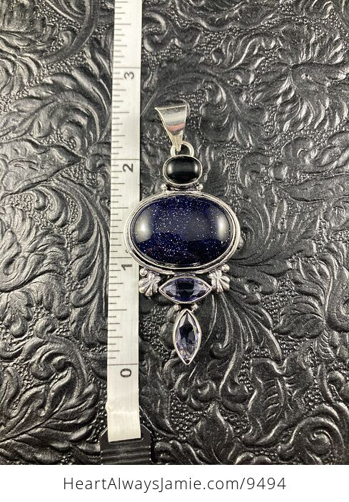 Sparkly Blue Goldstone Onyx and Amethyst Crystal Jewelry Stone Pendant - #pH8wioIuyE4-1