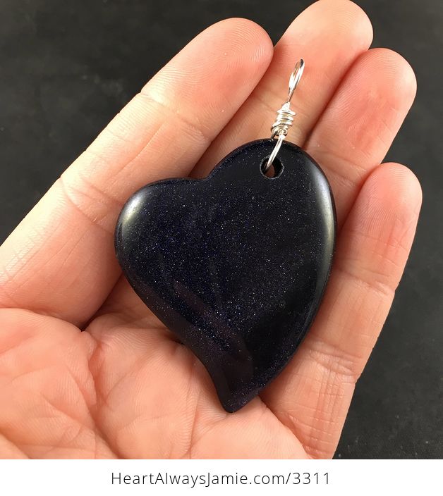Sparkly Dark Blue Heart Shaped Goldstone Stone Pendant Necklace - #6gEW3wSRYbY-2