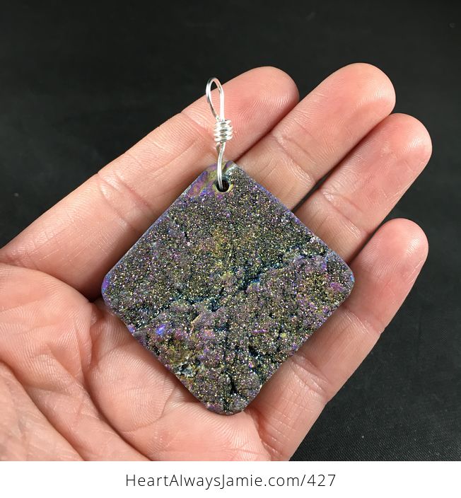 Sparkly Diamond Shaped Purple Gold and Blue Titanium Druzy Agate Stone Pendant - #C0vwdKjjNBk-1