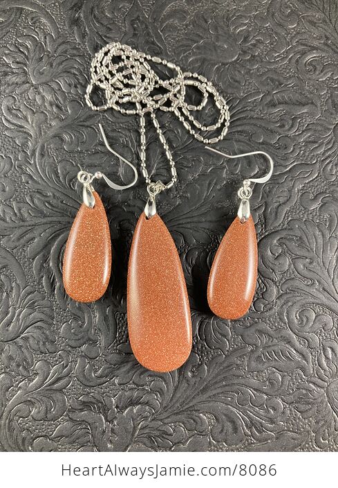 Sparkly Orange Goldstone Pendant and Earrings Jewelry Set - #ixzbHBhivFs-2