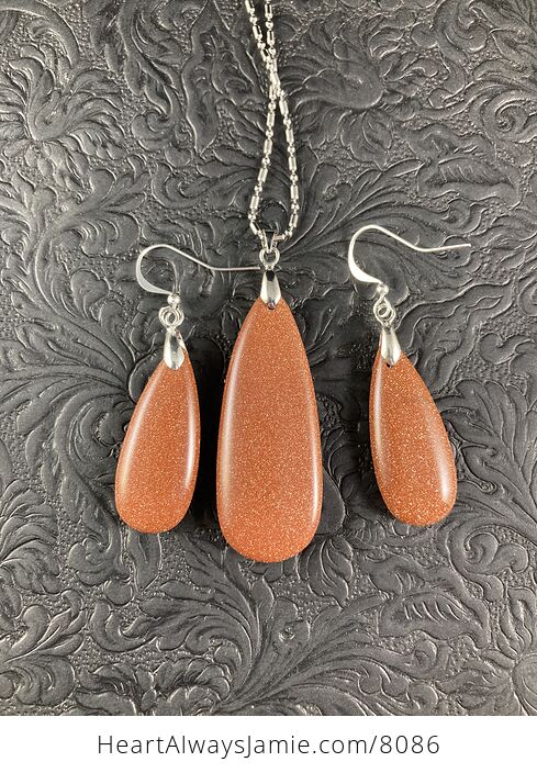 Sparkly Orange Goldstone Pendant and Earrings Jewelry Set - #ixzbHBhivFs-10