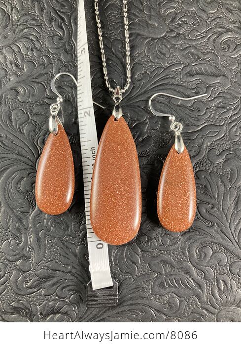 Sparkly Orange Goldstone Pendant and Earrings Jewelry Set - #ixzbHBhivFs-8