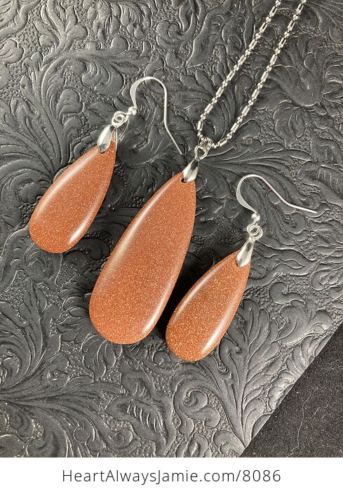 Sparkly Orange Goldstone Pendant and Earrings Jewelry Set - #ixzbHBhivFs-9