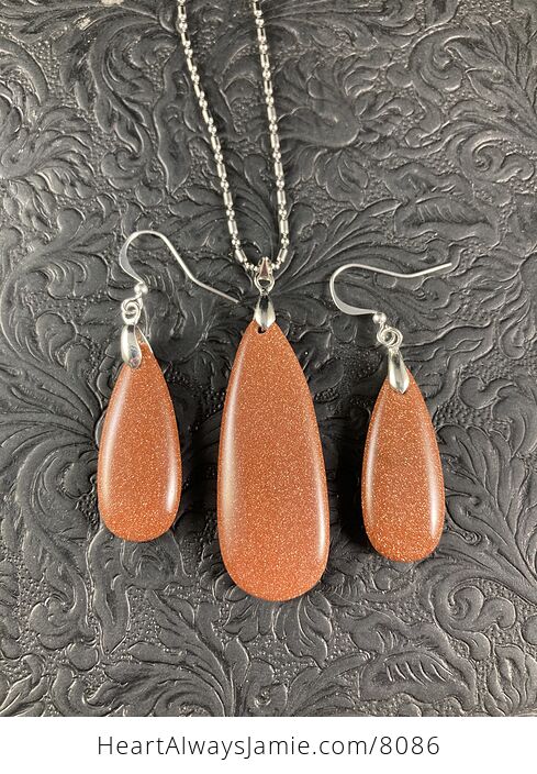 Sparkly Orange Goldstone Pendant and Earrings Jewelry Set - #ixzbHBhivFs-1