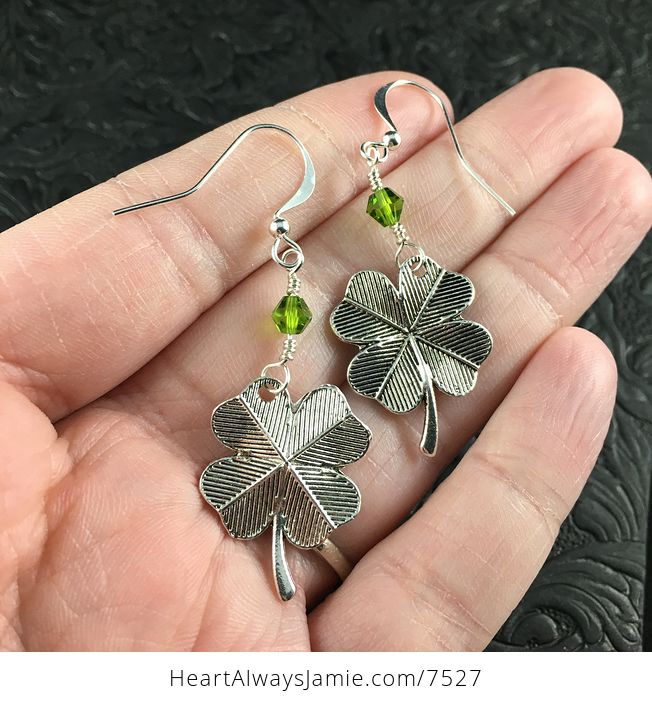 St Patricks Day Lucky Four Leaf Clover Shamrock and Green Bicone Bead Earrings - #Bb3EHb8zPPY-1