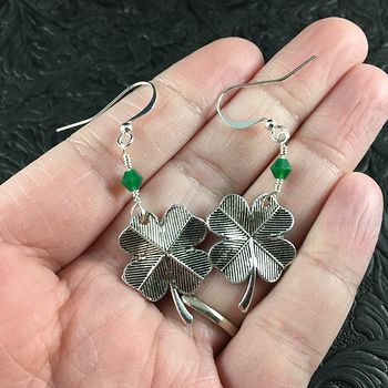 St Patricks Day Lucky Four Leaf Clover Shamrock and Jade Green Bicone Bead Earrings #bEdoIwkBx20