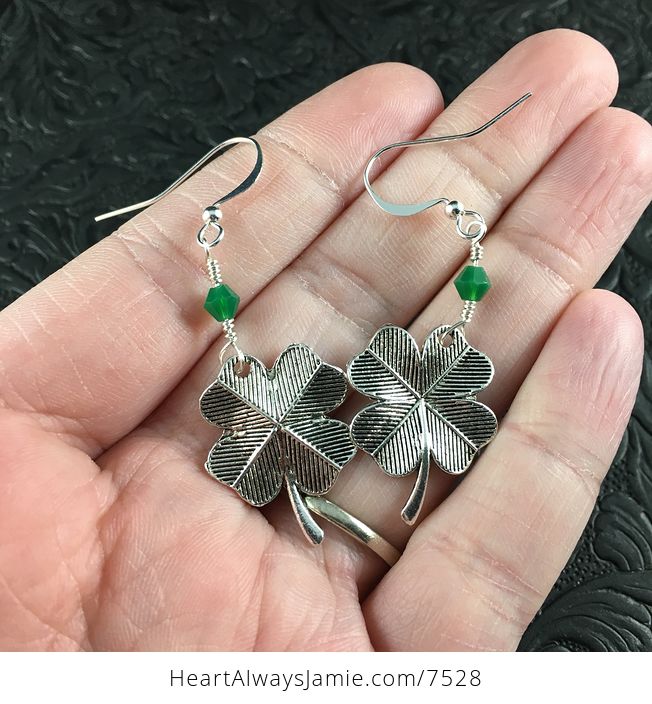 St Patricks Day Lucky Four Leaf Clover Shamrock and Jade Green Bicone Bead Earrings - #bEdoIwkBx20-1