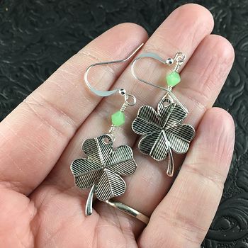 St Patricks Day Lucky Four Leaf Clover Shamrock and Light Green Bicone Bead Earrings #ZxzFfSchEBg