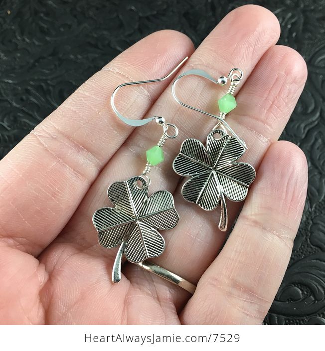 St Patricks Day Lucky Four Leaf Clover Shamrock and Light Green Bicone Bead Earrings - #ZxzFfSchEBg-1