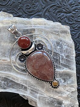 Strawberry Quartz Tigers Eye and Carnelian Stones Witchy Mustic Lunar Crystal Stone Jewelry Pendant #lLPgGjBBLNg