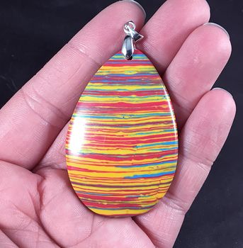 Striped Blue Red Orange and Yellow Synthetic Stone Pendant #N9nlcUA9kmo