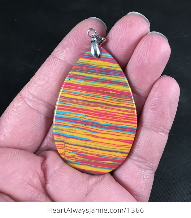 Striped Blue Red Orange and Yellow Synthetic Stone Pendant Necklace - #N9nlcUA9kmo-2