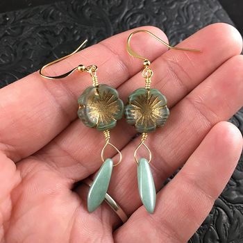 Striped Green and Bronze Glass Hawaiian Flower and Light Green Dagger Earrings with Gold Wire #D3QKsQNMdWE