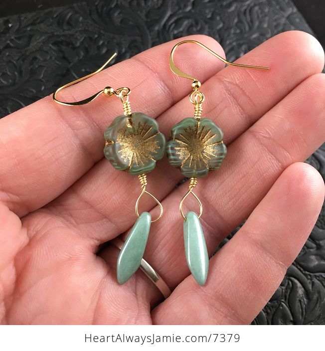 Striped Green and Bronze Glass Hawaiian Flower and Light Green Dagger Earrings with Gold Wire - #D3QKsQNMdWE-1