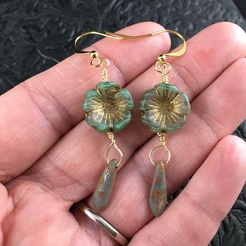 Striped Green and Bronze Glass Hawaiian Flower and Rusted Turquoise Dagger Earrings with Gold Wire #3rCp29MAMYI