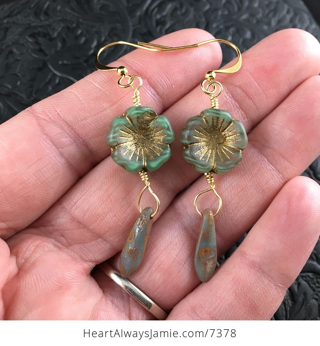 Striped Green and Bronze Glass Hawaiian Flower and Rusted Turquoise Dagger Earrings with Gold Wire - #3rCp29MAMYI-1
