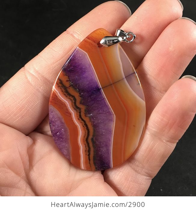 Striped Orange and Purple Druzy Stone Pendant Necklace - #O8QrLnMnbOM-2
